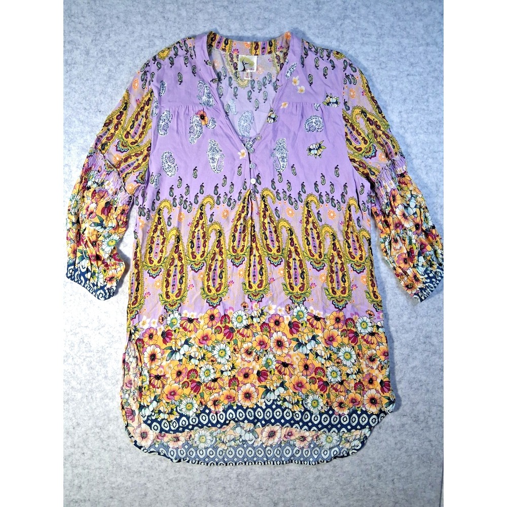 Fig and Flower Women's L Boho Cottagecore Festival Floral Purple Rayon Tunic Top